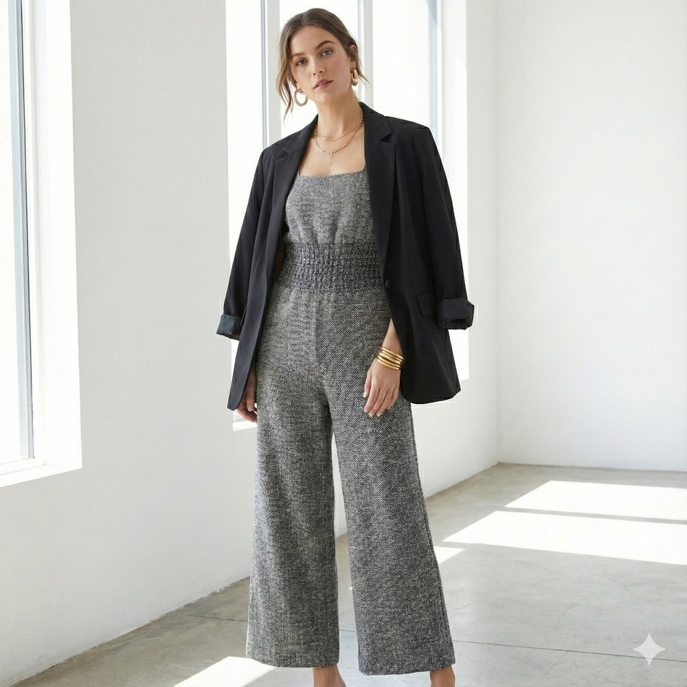Maje black & white metallic tweed knit smocked waist wide leg jumpsuit - 4 (36)